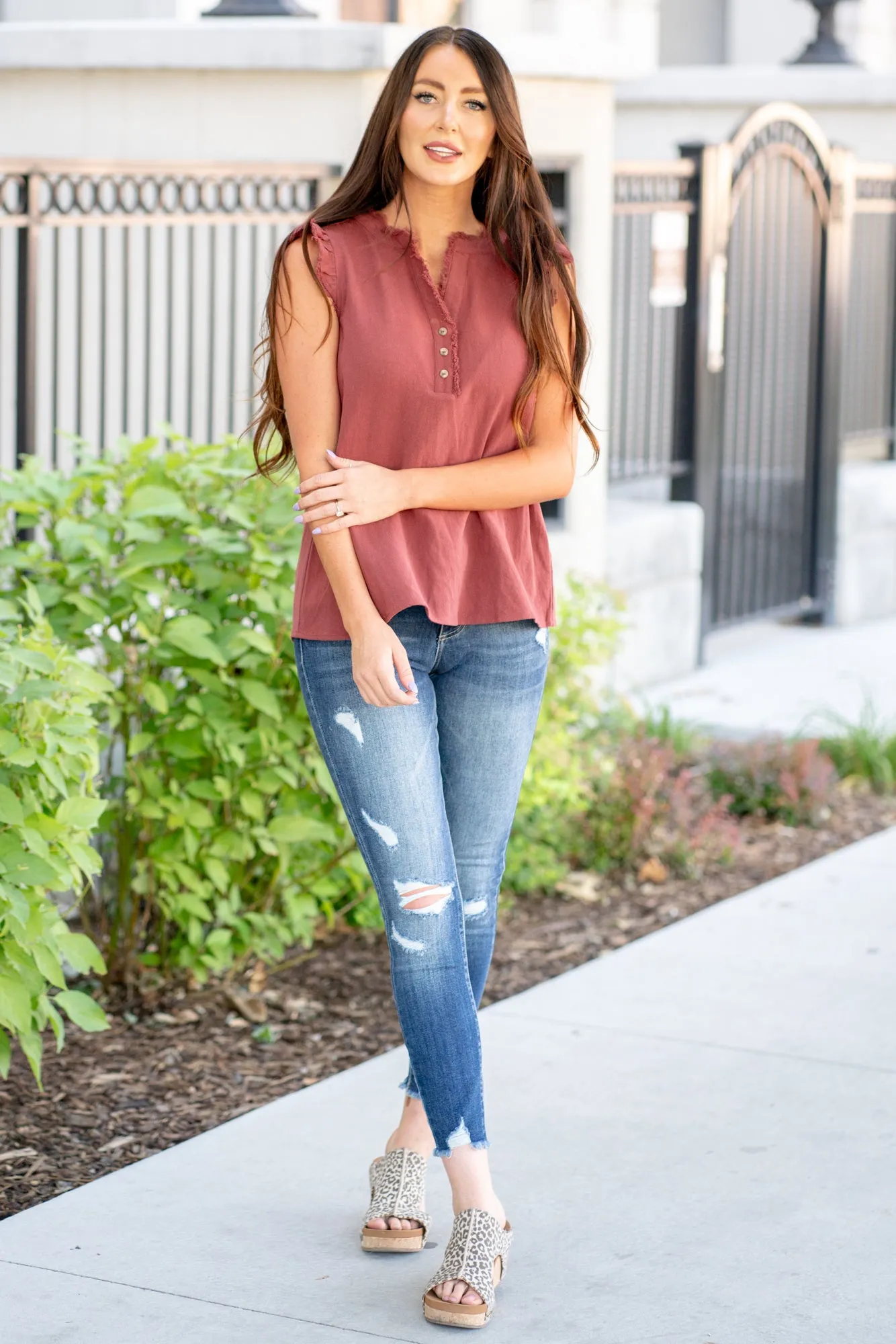 Kenzie Ruffle Shoulder Knit Top - Brick