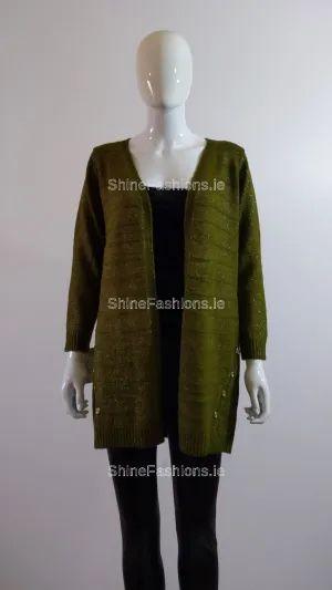Khaki Green Glitter Design Open Cardigan