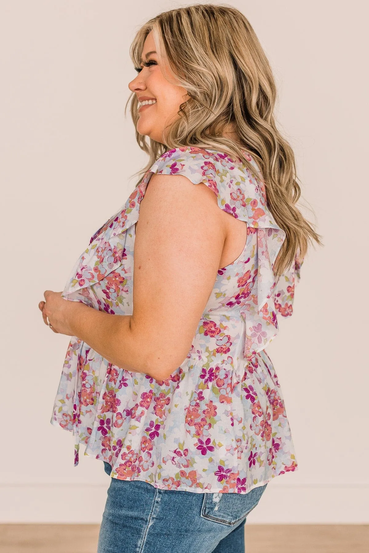 Kind Regards Floral Babydoll Blouse- Light Blue & Magenta