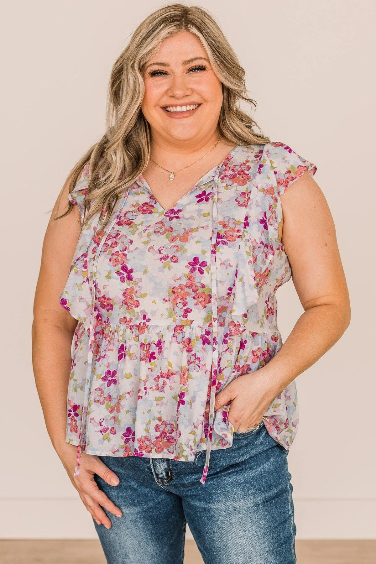 Kind Regards Floral Babydoll Blouse- Light Blue & Magenta
