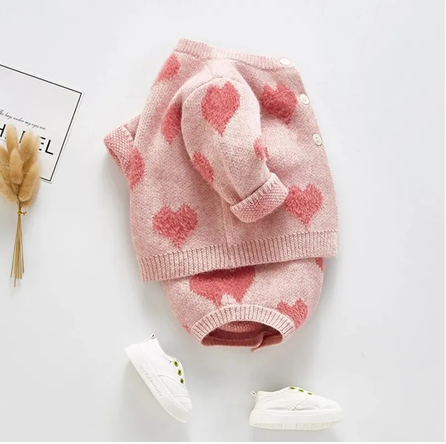 Knitted Heart Cardigan Co-ord - Pink