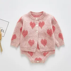Knitted Heart Cardigan Co-ord - Pink