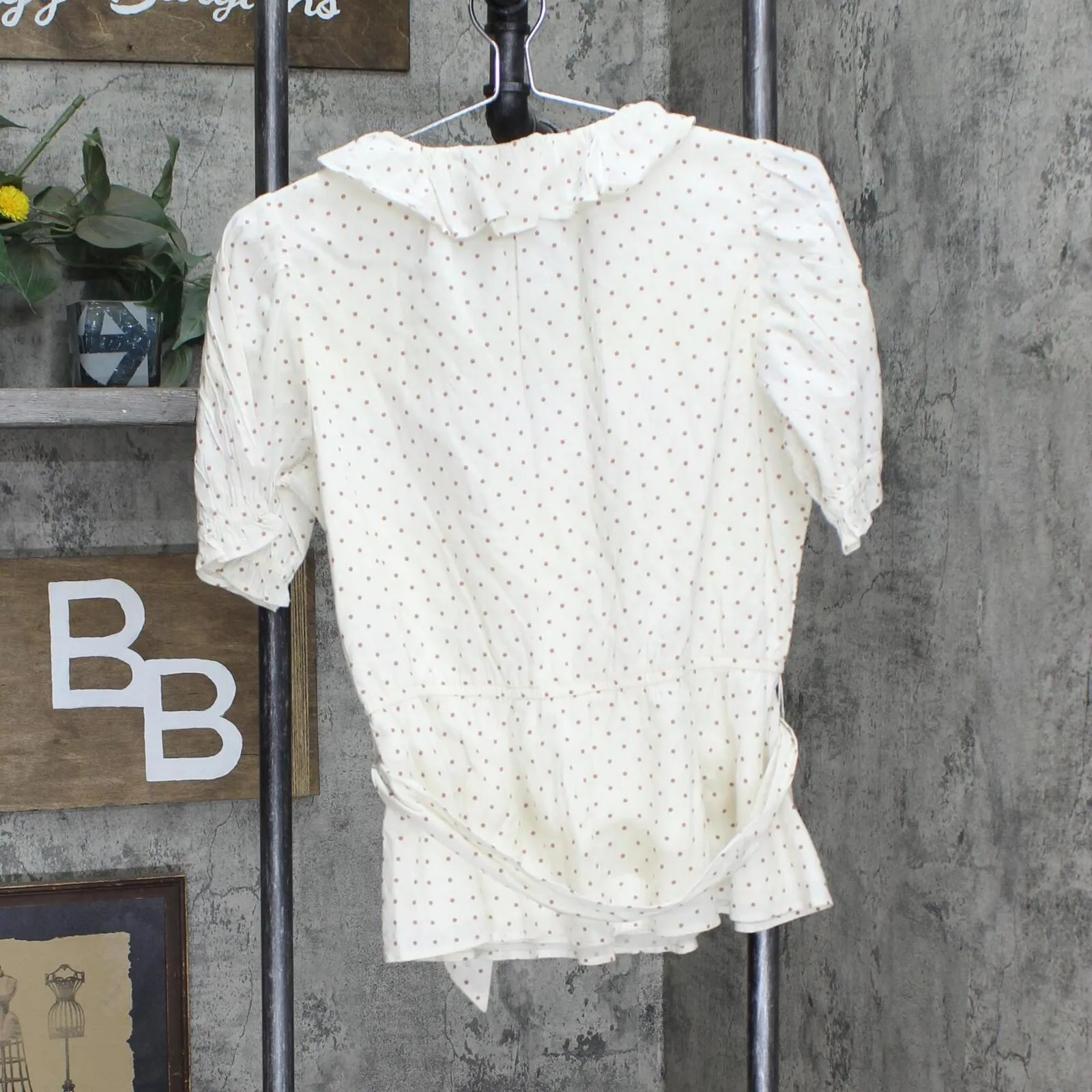 LC Lauren Conrad Tie Front Ruffle Woven V-Neck Blouse Shirt White Polka Dot S