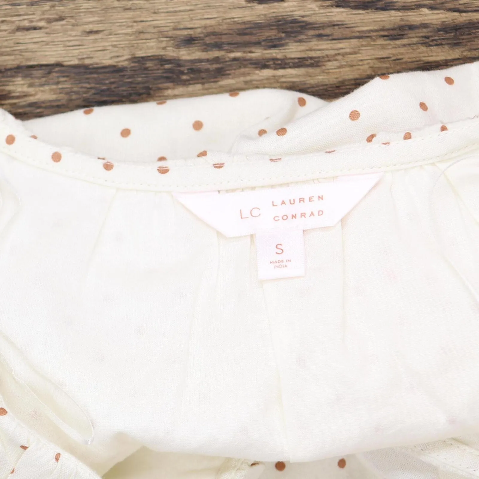 LC Lauren Conrad Tie Front Ruffle Woven V-Neck Blouse Shirt White Polka Dot S
