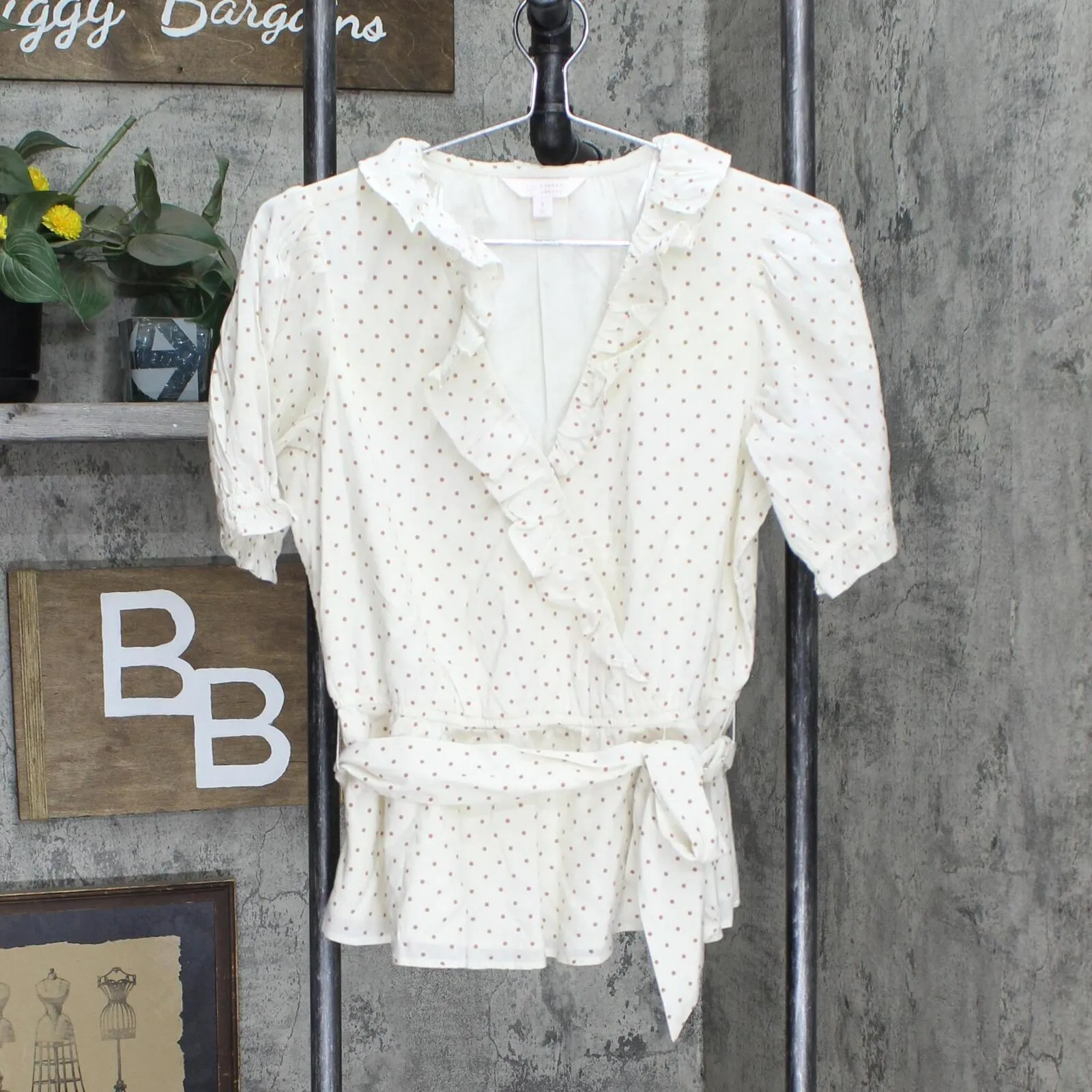 LC Lauren Conrad Tie Front Ruffle Woven V-Neck Blouse Shirt White Polka Dot S