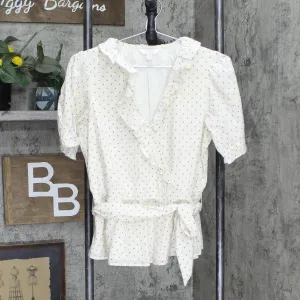 LC Lauren Conrad Tie Front Ruffle Woven V-Neck Blouse Shirt White Polka Dot S