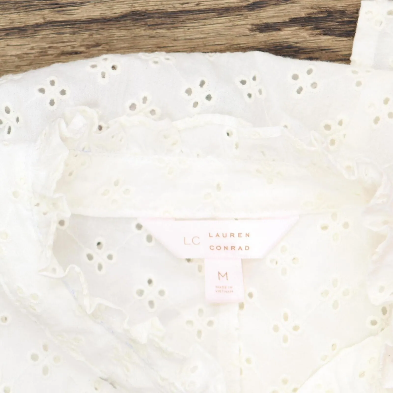 LC Lauren Conrad Womens Eyelet Button Up Woven Shirt Blouse Top White Multi M