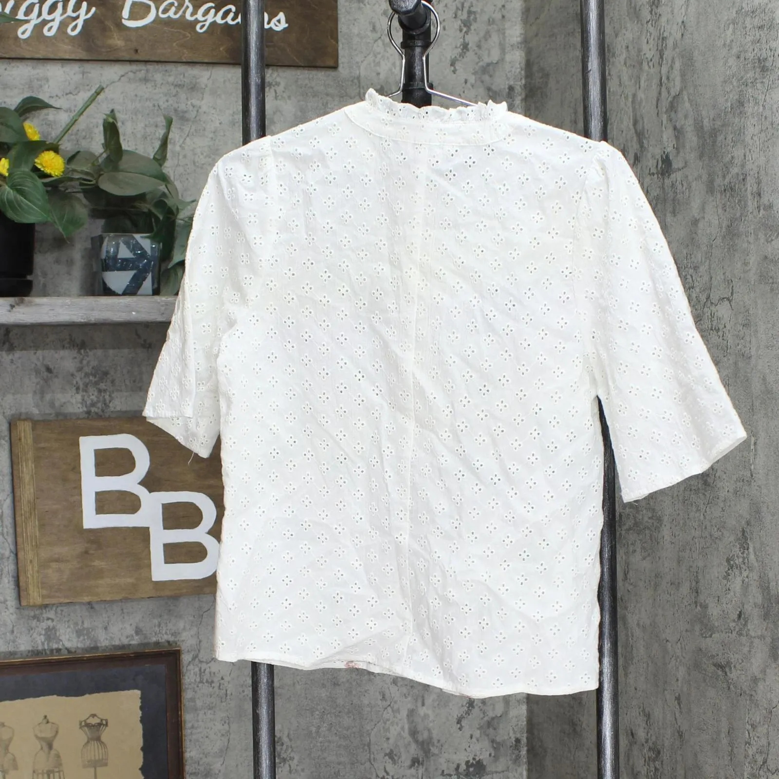 LC Lauren Conrad Womens Eyelet Button Up Woven Shirt Blouse Top White Multi M