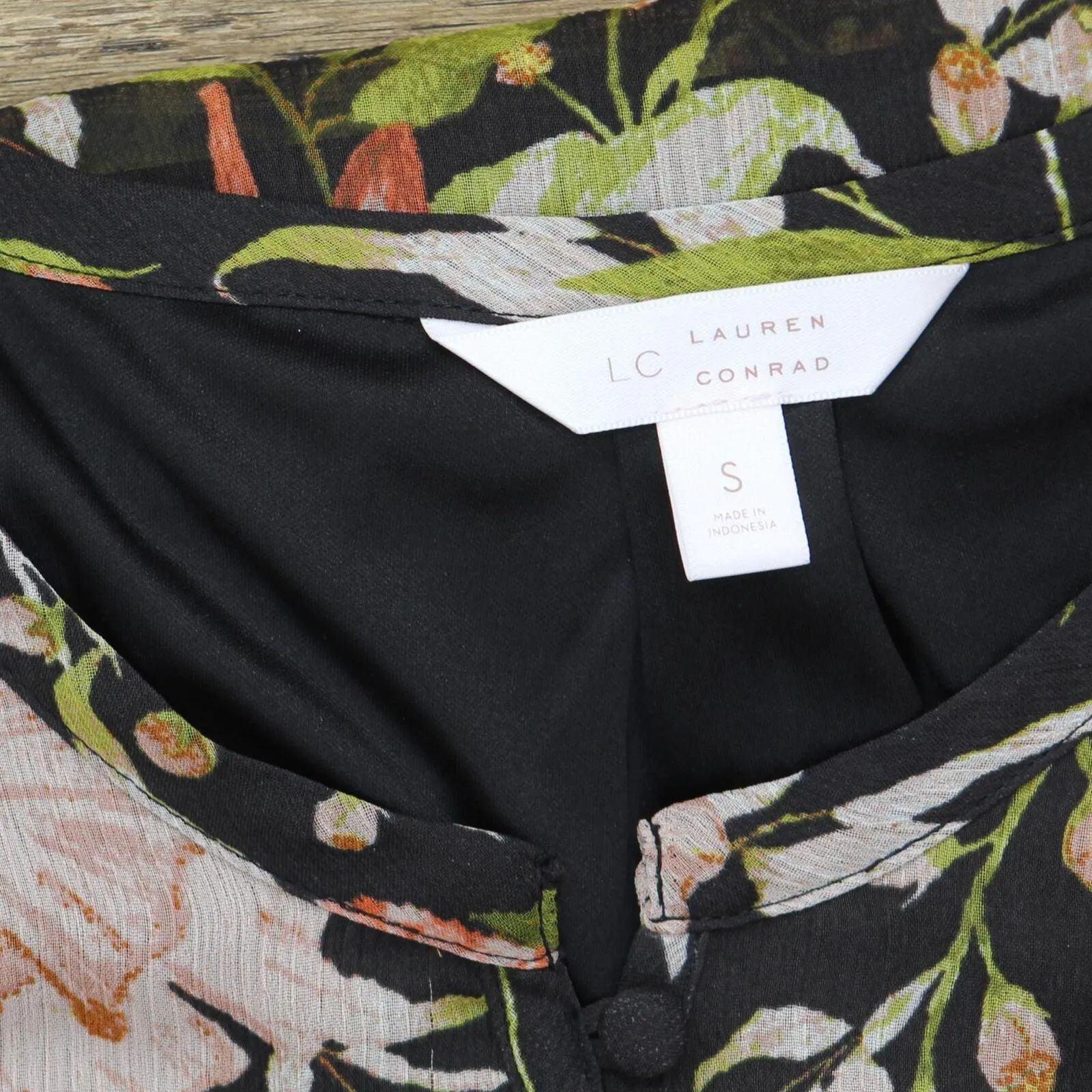 LC Lauren Conrad Womens Lined Woven Button Up Shirt Top Black Floral S