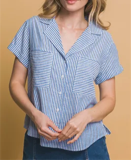 Lennon Collared Striped Button Up Short Sleeve Shirt (Assorted)