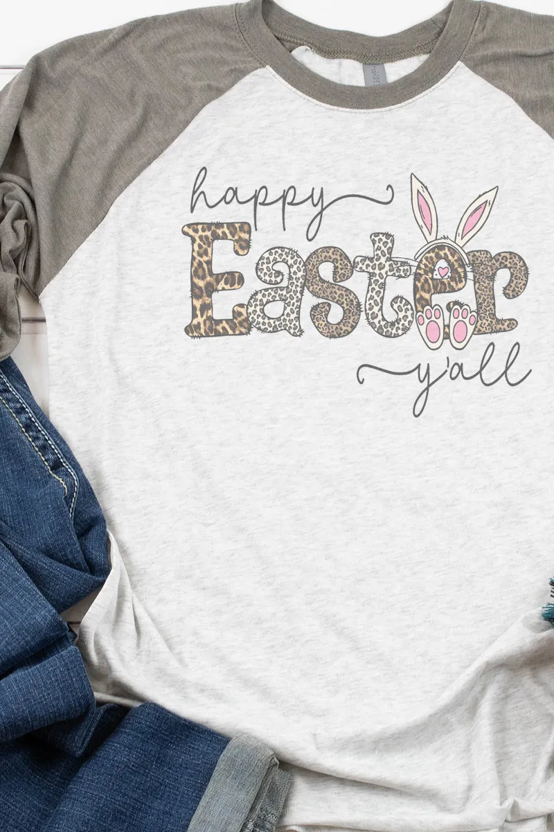 Leopard Happy Easter Y'all Tri-Blend Unisex 3/4 Raglan