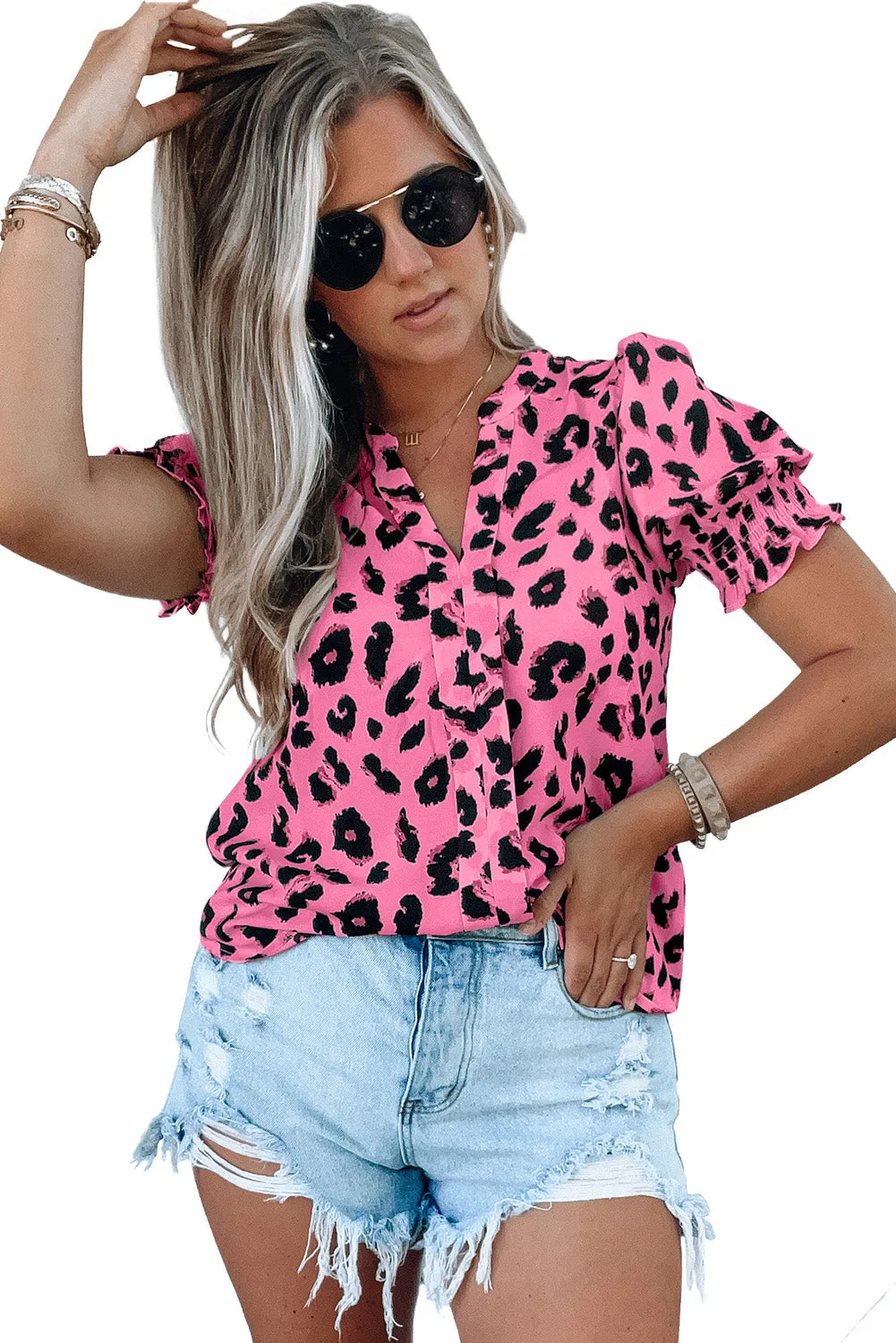 Leopard Notch Neck Bubble Sleeve Blouse
