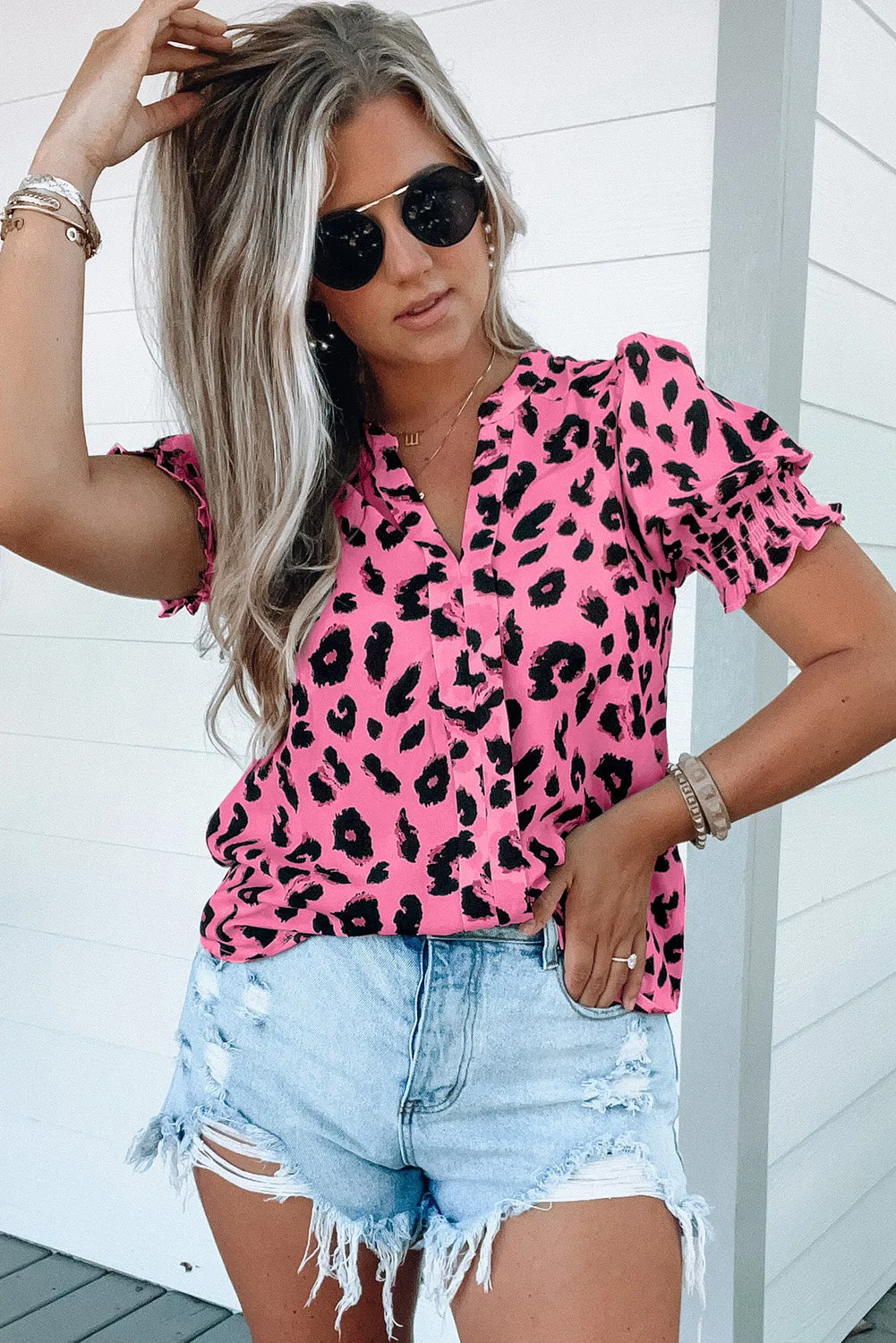 Leopard Notch Neck Bubble Sleeve Blouse