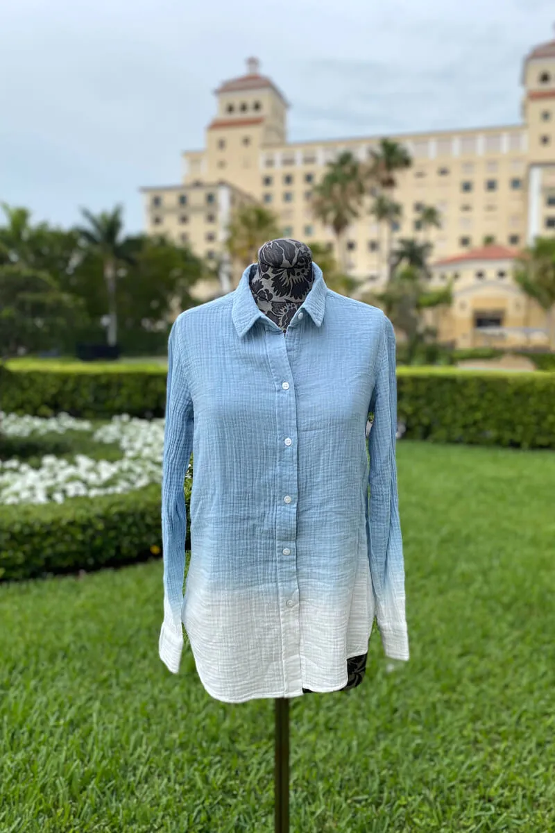 Light Blue Ombre Cotton Button Down Blouse