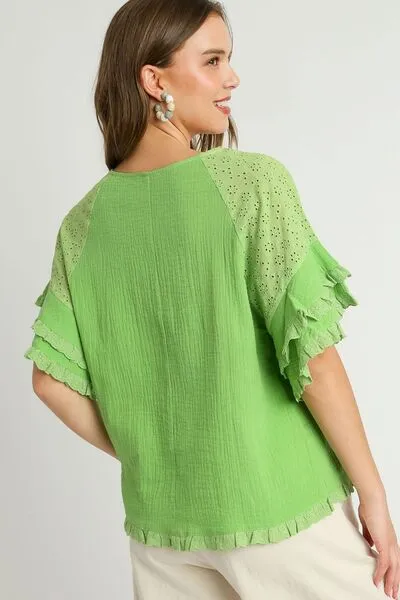 Lime Green Cotton Gauze Round Neck Ruffle Eyelet Layered Sleeve Blouse