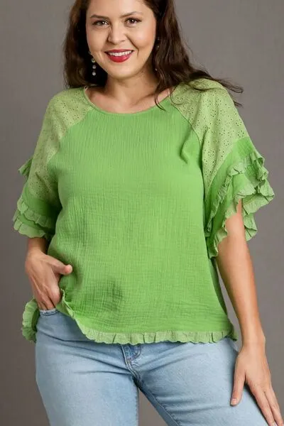 Lime Green Cotton Gauze Round Neck Ruffle Eyelet Layered Sleeve Blouse