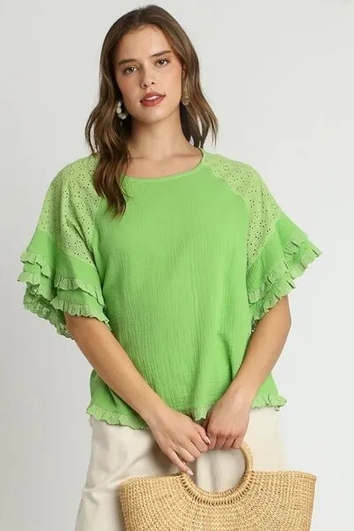 Lime Green Cotton Gauze Round Neck Ruffle Eyelet Layered Sleeve Blouse