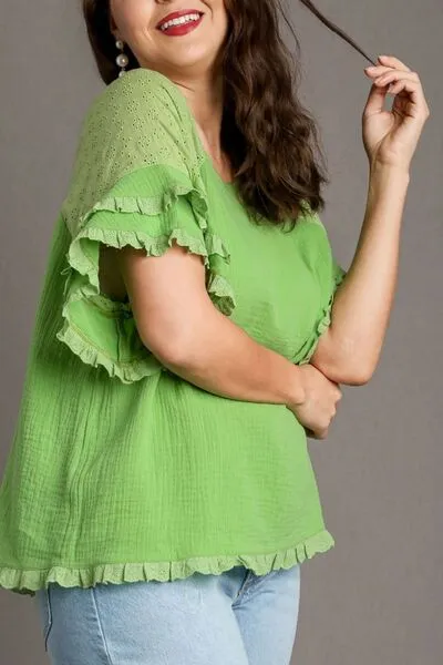 Lime Green Cotton Gauze Round Neck Ruffle Eyelet Layered Sleeve Blouse