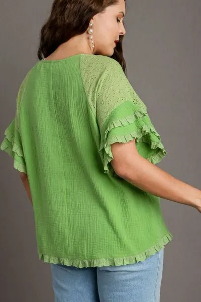 Lime Green Cotton Gauze Round Neck Ruffle Eyelet Layered Sleeve Blouse