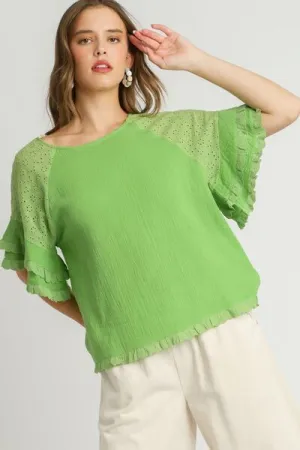 Lime Green Cotton Gauze Round Neck Ruffle Eyelet Layered Sleeve Blouse