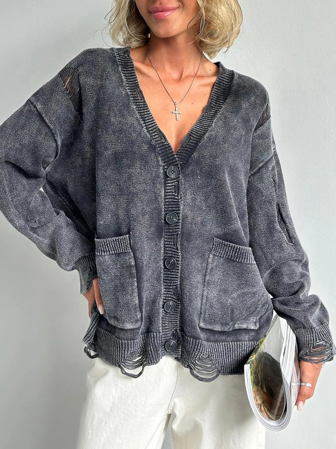 Lola Distressed Button Down Cardigan