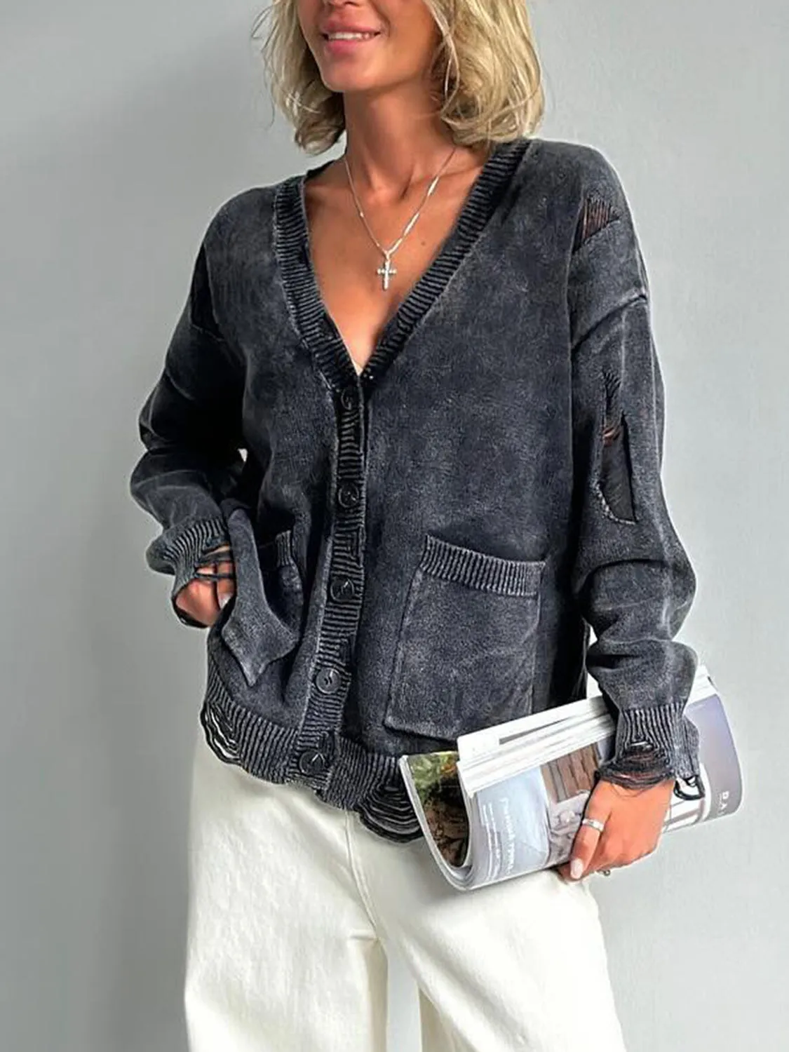 Lola Distressed Button Down Cardigan