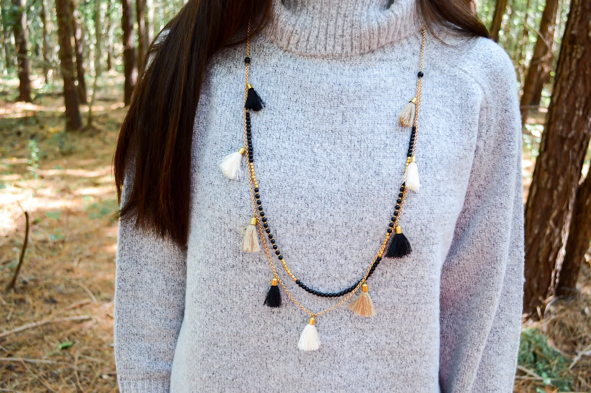 Long Black/Gold Tassel Necklace