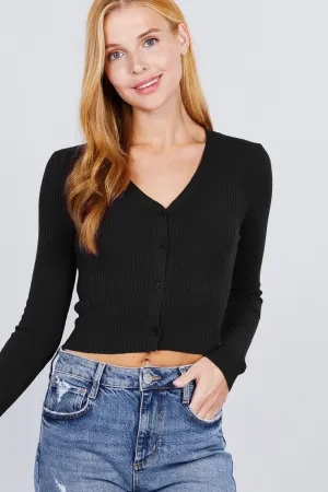 Long Sleeve V-neck W/button Down Crop Cardigan