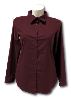 Long Sleeved Stretch Button Up Blouse in Burgundy