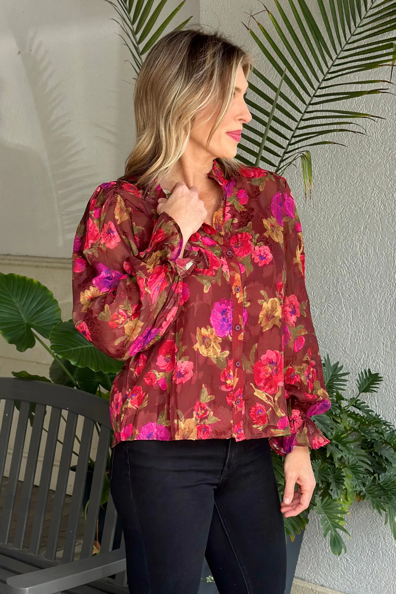 Love Letter Floral Printed Mock Neck Button Up Top