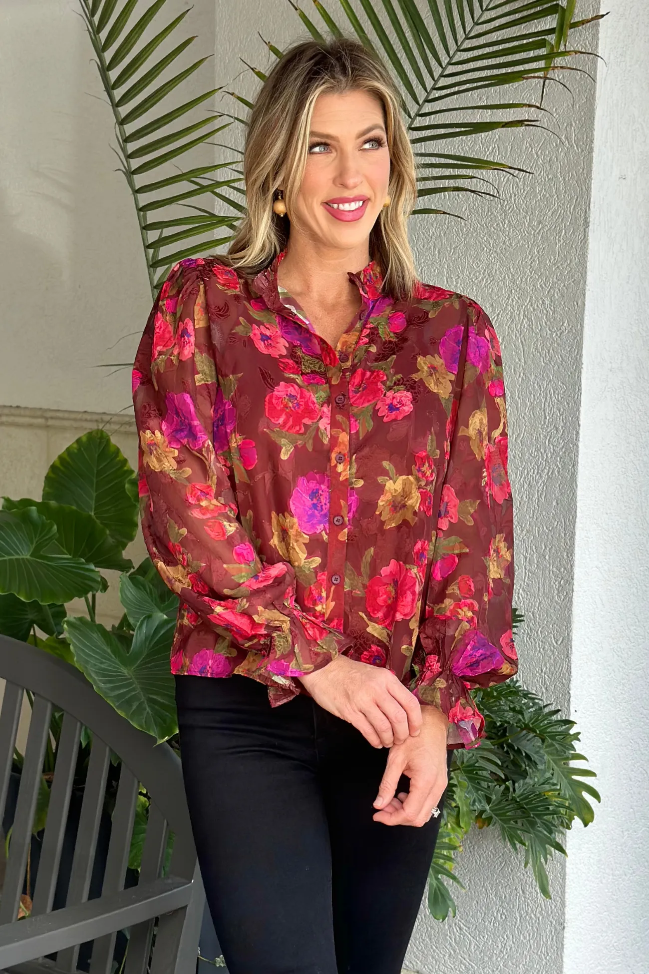 Love Letter Floral Printed Mock Neck Button Up Top