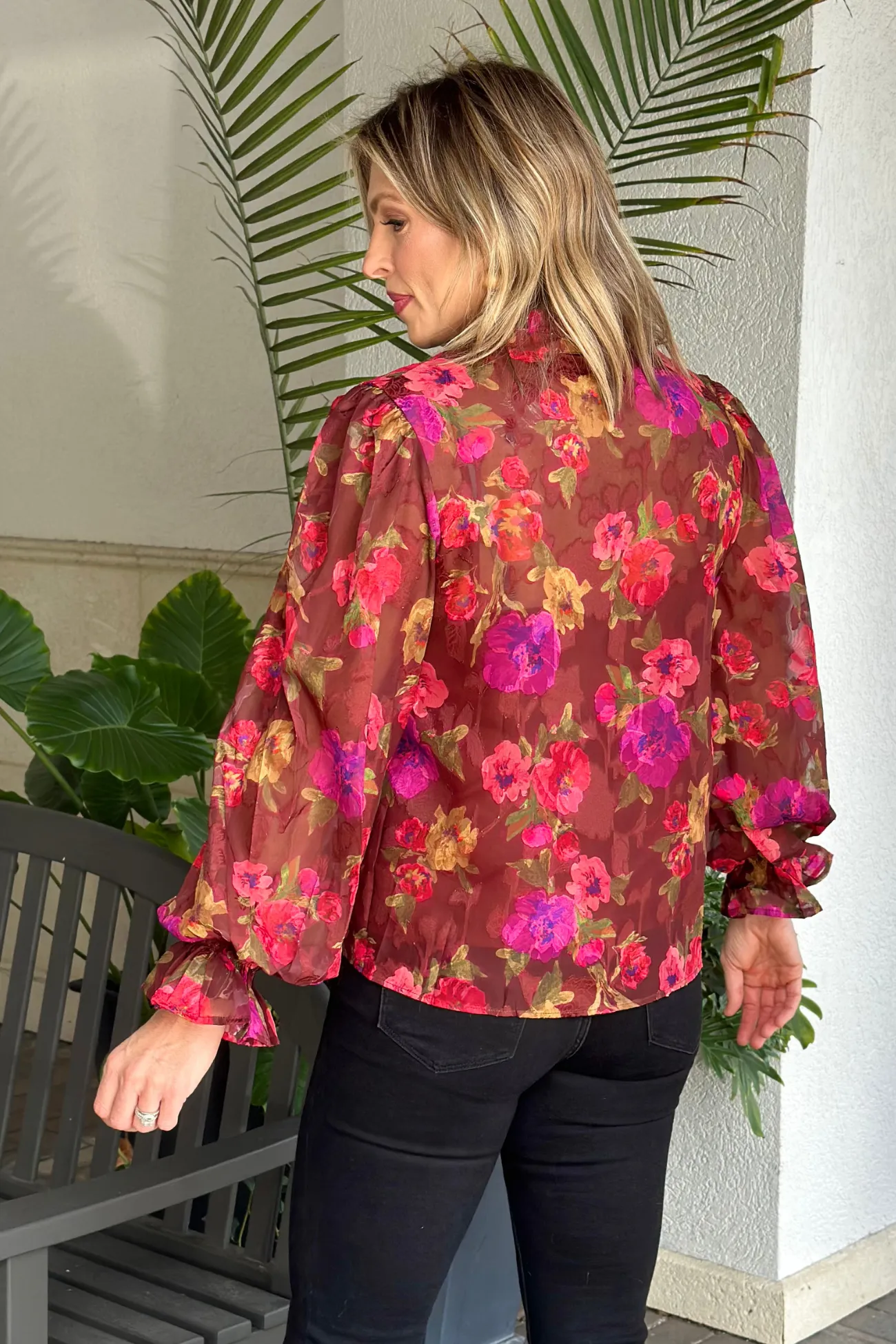 Love Letter Floral Printed Mock Neck Button Up Top