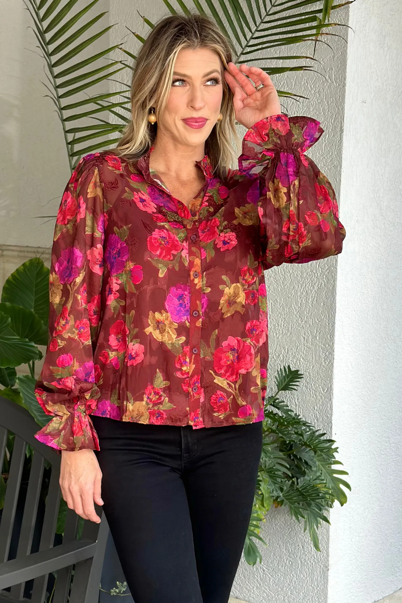 Love Letter Floral Printed Mock Neck Button Up Top