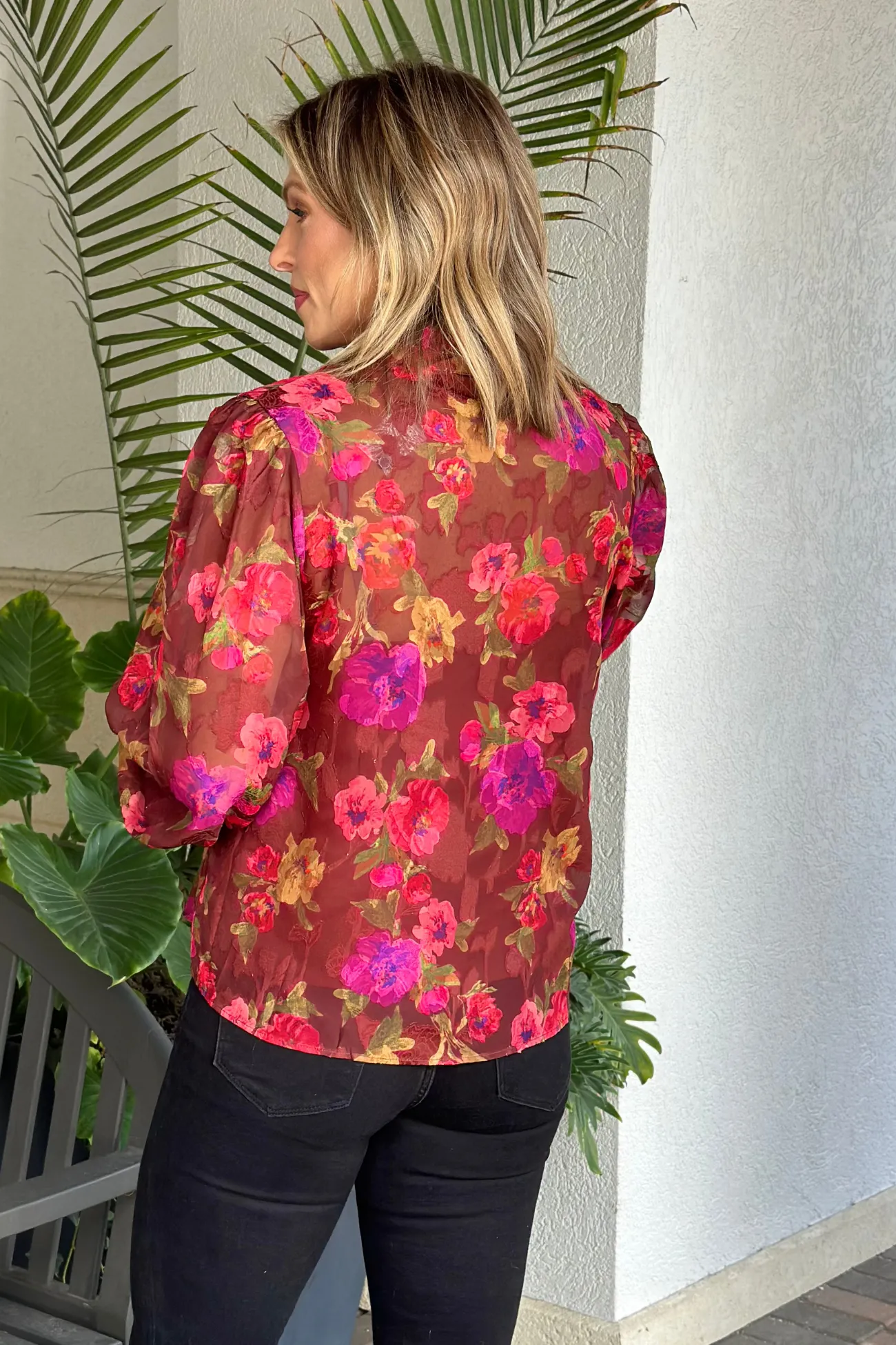 Love Letter Floral Printed Mock Neck Button Up Top