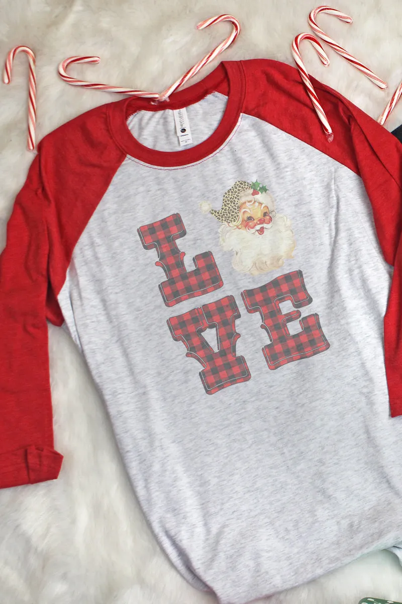 Love Santa Buffalo Plaid Tri-Blend Unisex 3/4 Raglan