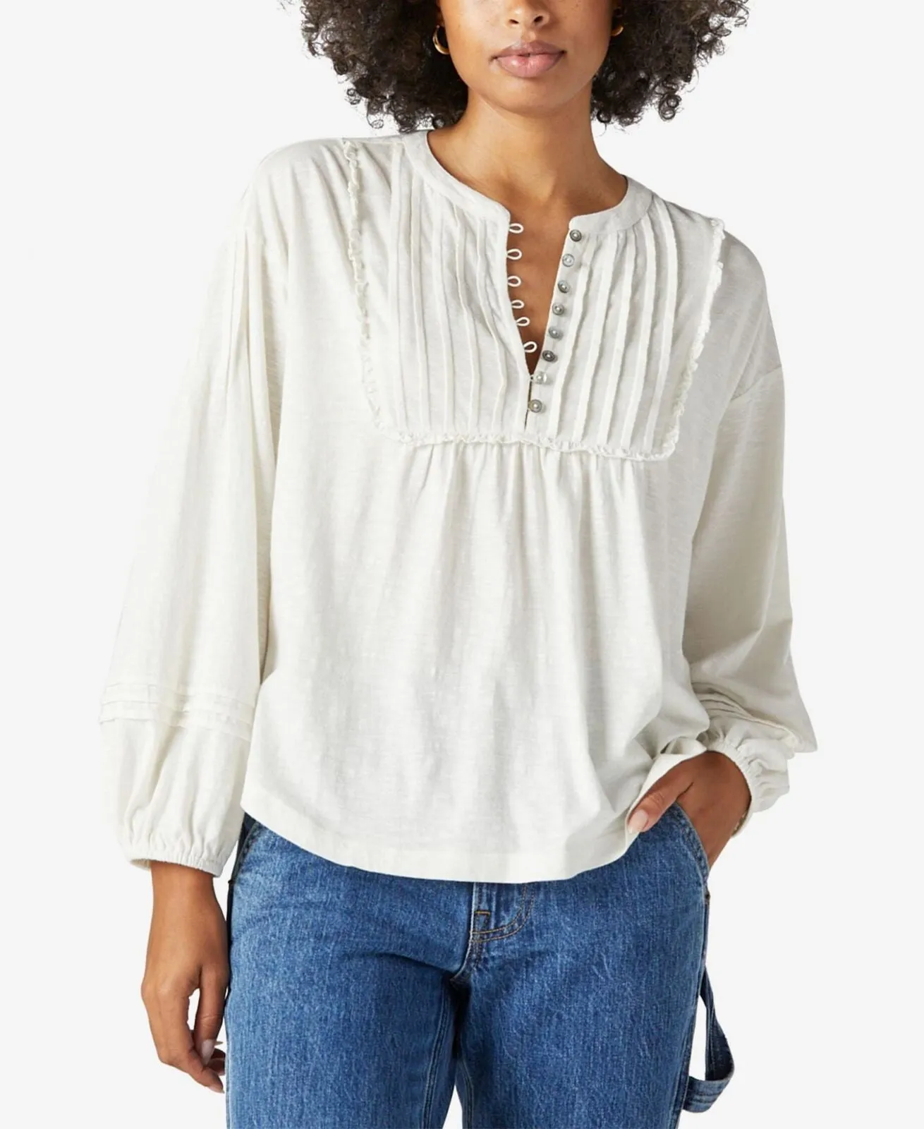 Lucky Brand Womens Pintucked Textured Knit Top 7W66092 Marshmellow Ivory M