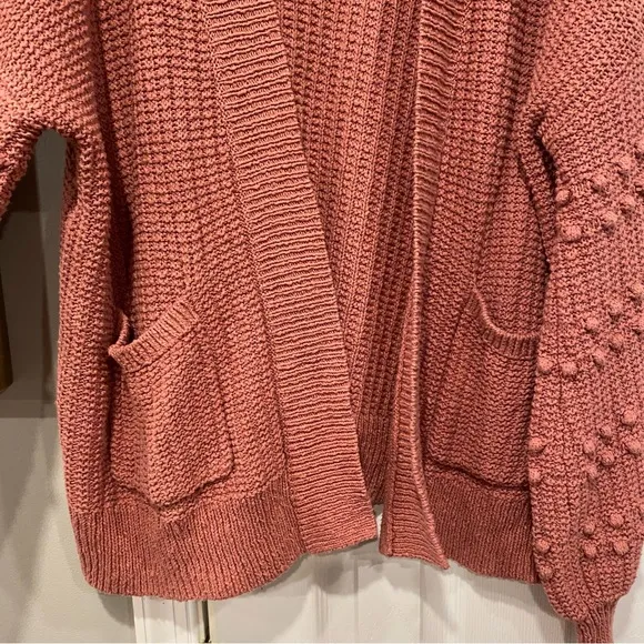 Madewell Bobble Cardigan Knit Sweater Pom PomSleeves Mauve Pink Large Oversize