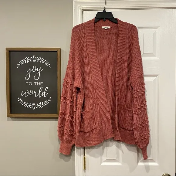 Madewell Bobble Cardigan Knit Sweater Pom PomSleeves Mauve Pink Large Oversize