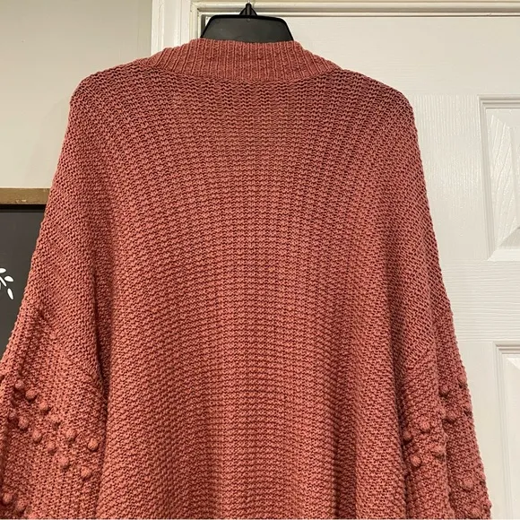 Madewell Bobble Cardigan Knit Sweater Pom PomSleeves Mauve Pink Large Oversize