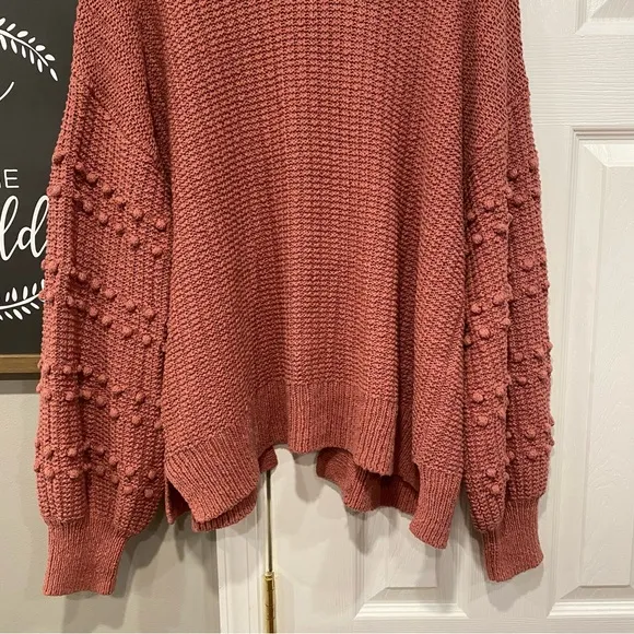 Madewell Bobble Cardigan Knit Sweater Pom PomSleeves Mauve Pink Large Oversize
