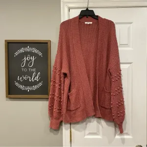 Madewell Bobble Cardigan Knit Sweater Pom PomSleeves Mauve Pink Large Oversize