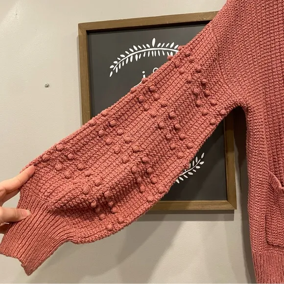 Madewell Bobble Cardigan Knit Sweater Pom PomSleeves Mauve Pink Large Oversize