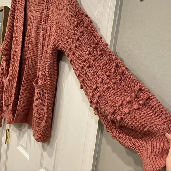 Madewell Bobble Cardigan Knit Sweater Pom PomSleeves Mauve Pink Large Oversize