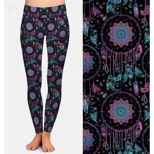 Mandala Leggings Black Neon Feathers Black Printed Leggings