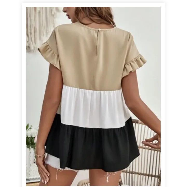 Maternity Colorblock Flounce Sleeve Ruffle Hem Blouse