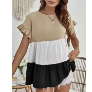 Maternity Colorblock Flounce Sleeve Ruffle Hem Blouse