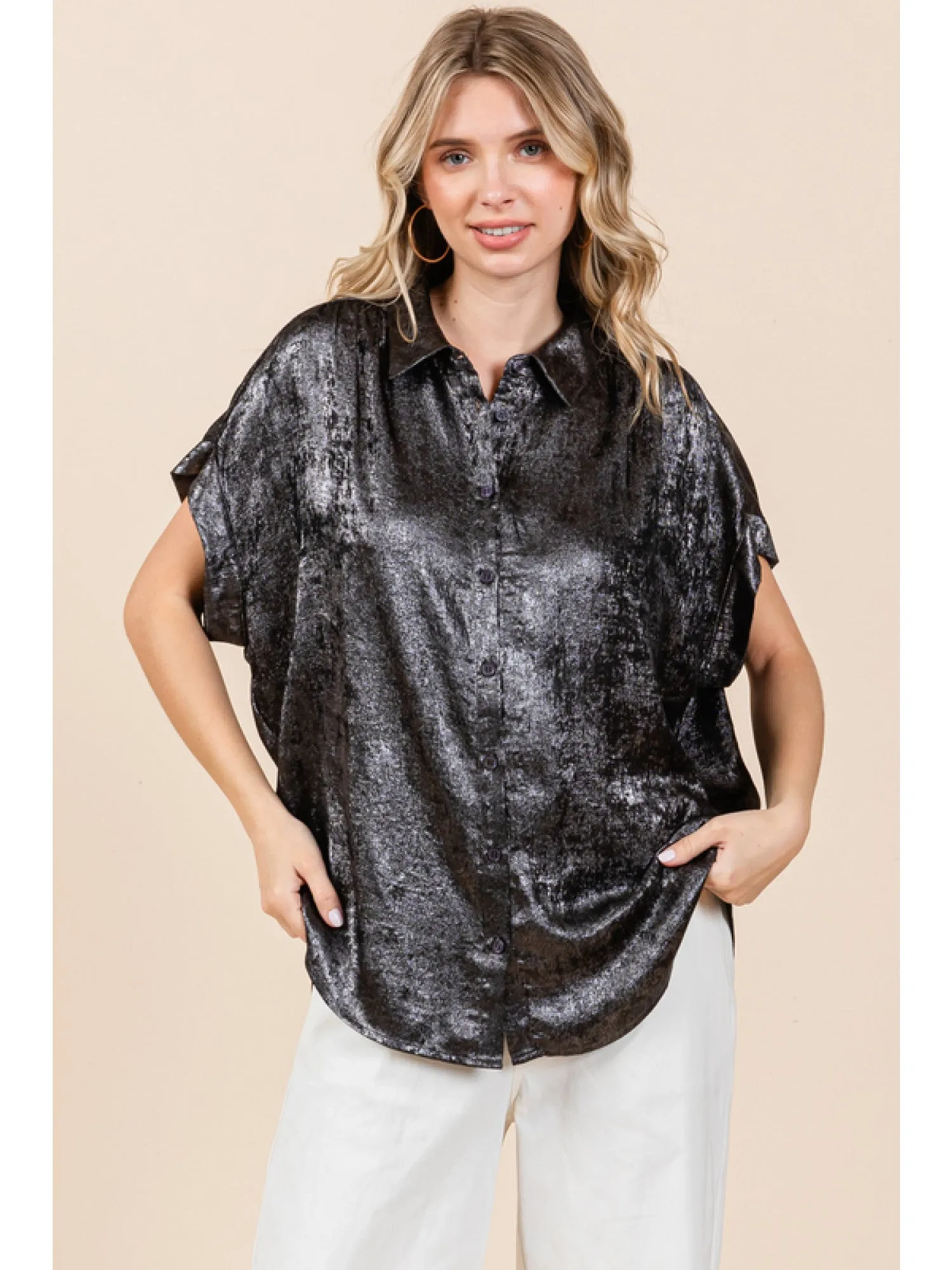 Mindy Metallic Collared Button Up Blouse