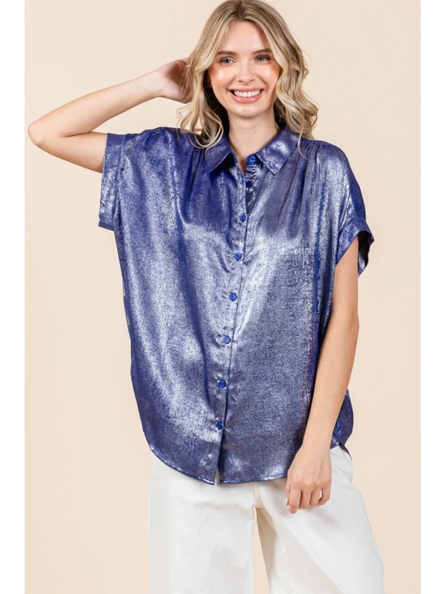 Mindy Metallic Collared Button Up Blouse