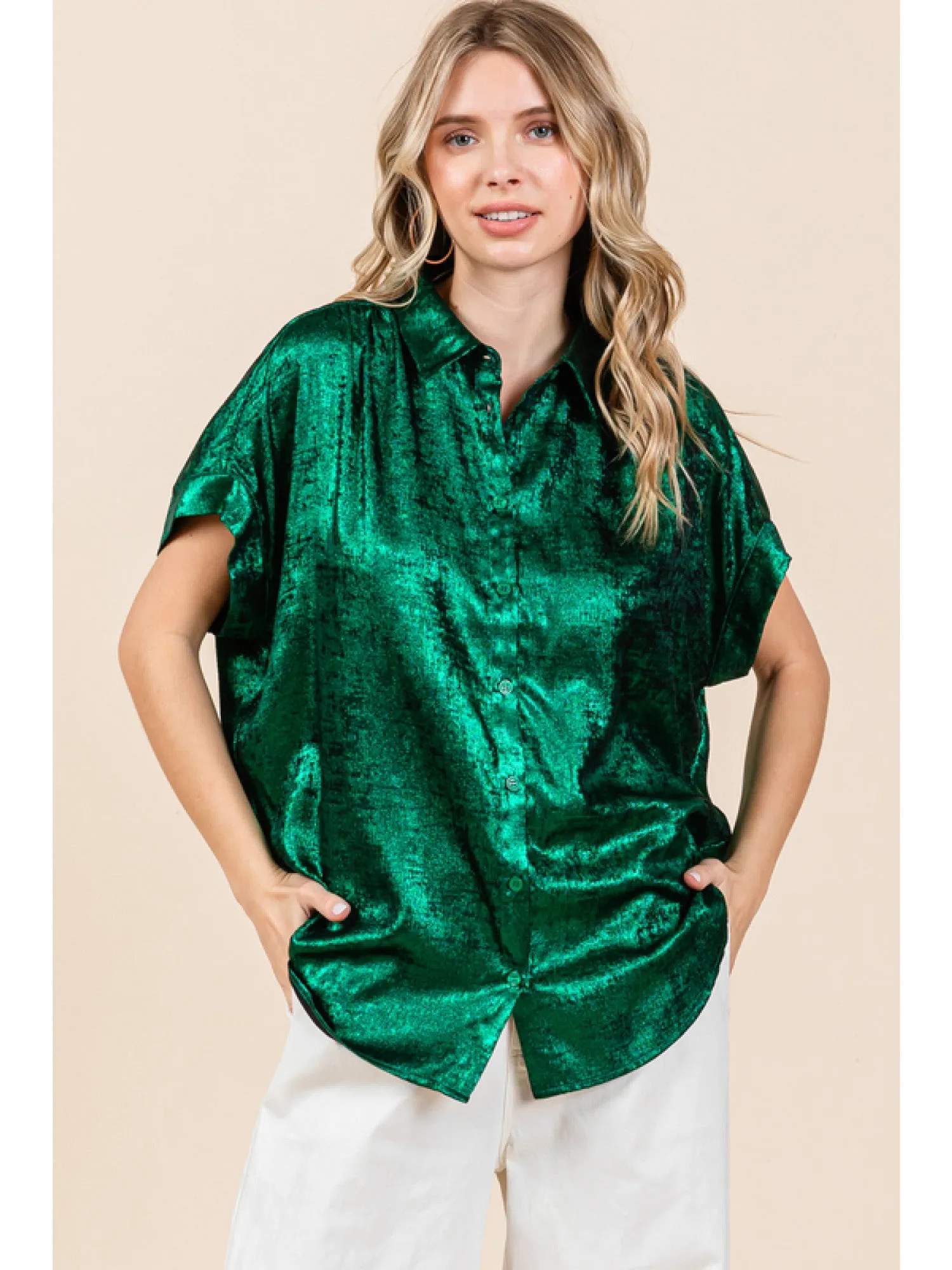 Mindy Metallic Collared Button Up Blouse