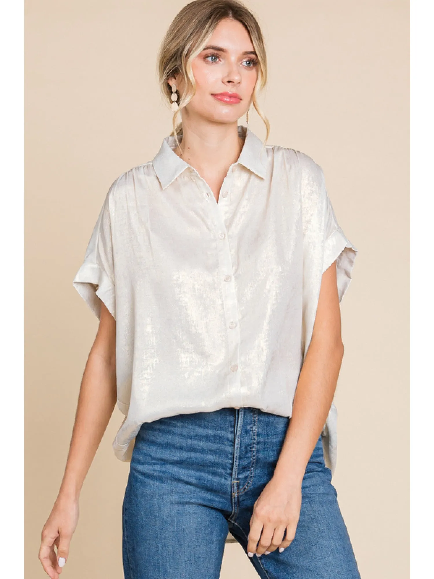 Mindy Metallic Collared Button Up Blouse